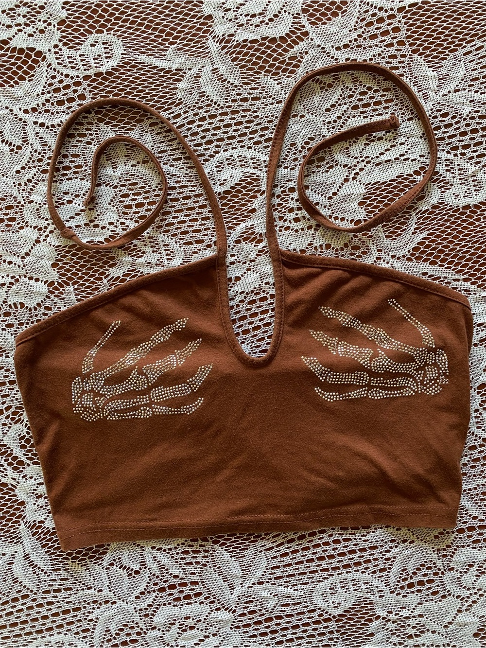 Brown Rhinestone Skeleton Hand Halter Crop Top